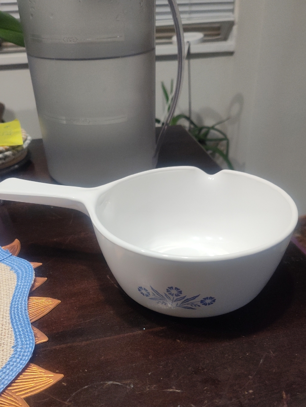 Corning Ware White Porcelain Sauce Pan with Blue Floral Accent
